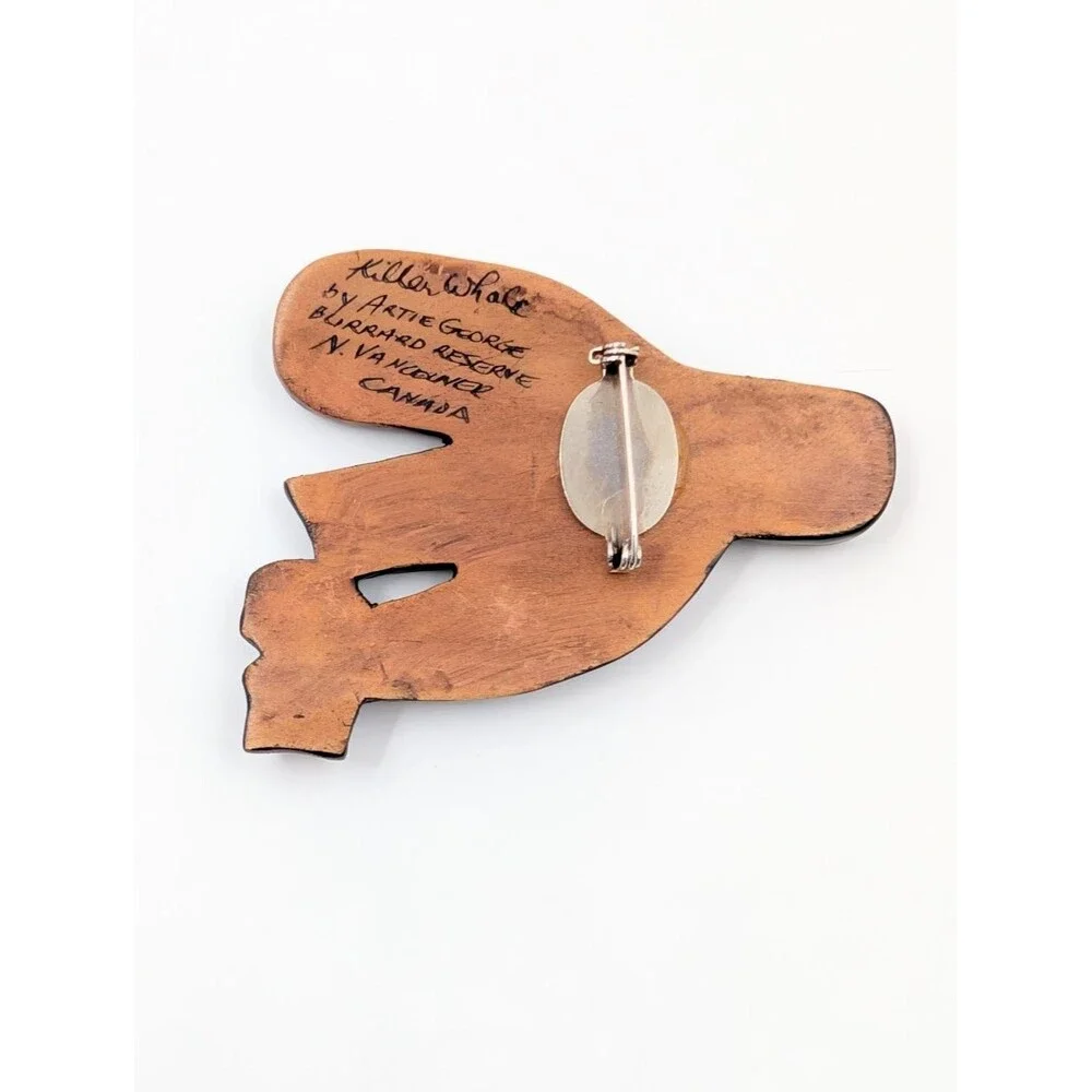 Artie George Signed Killer Whale Brooch Carved Yellow Cedar Salish First Nations